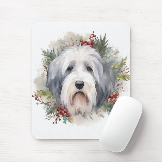 Old English Sheepdog Christmas Wreath Festivals Mousepad (Mit Mouse)