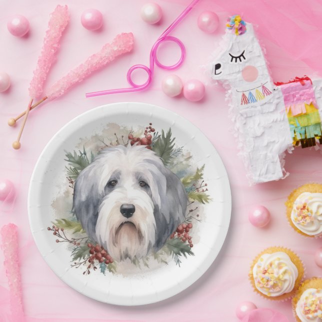 Old English Sheepdog Christmas Wreath Festivals Pappteller (Party)