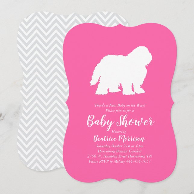 Old English Sheepdog Dog Baby Shower Girl Pink Einladung (Vorne/Hinten)