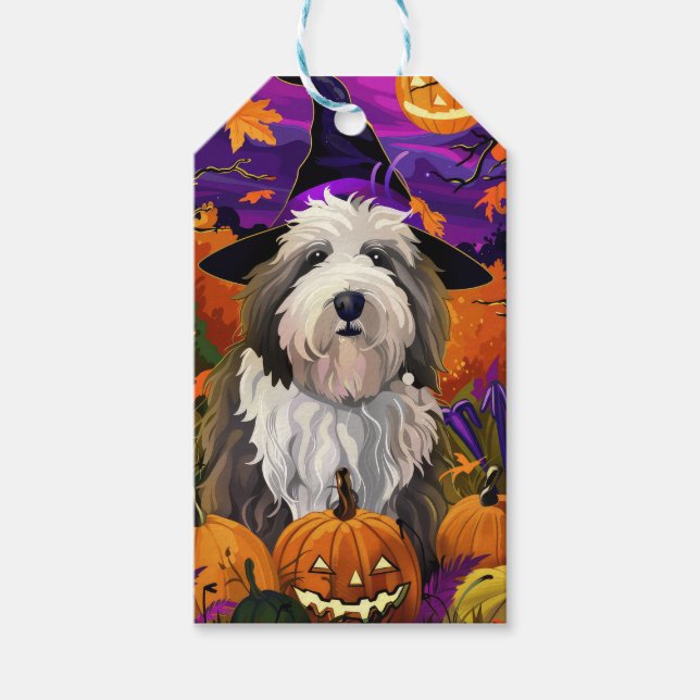 Old English Sheepdog Halloween Hexenkürbis Geschenkanhänger (Vorderseite)
