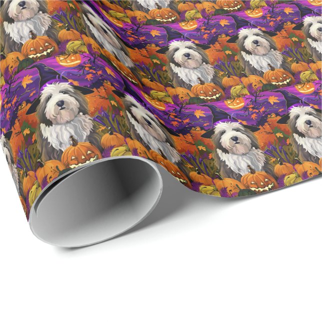 Old English Sheepdog Halloween Hexenkürbis Geschenkpapier (Rolleneckpunkt)