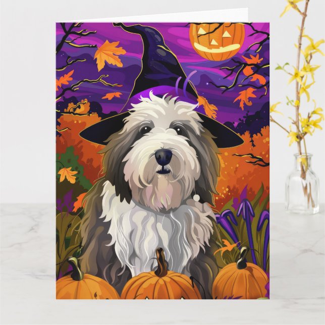 Old English Sheepdog Halloween Hexenkürbis Karte (Gelbe Blume)