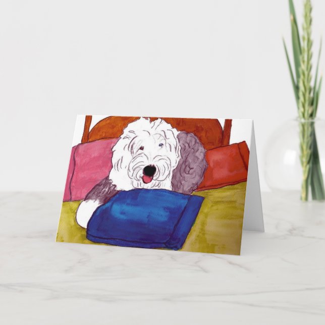 Old English Sheepdog im Bett Karte (Vorderseite)