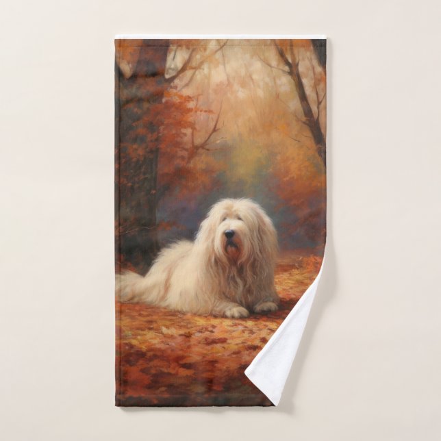 Old English Sheepdog im Herbst Leaves Fall Inspiri Badhandtuch Set (Handtuch)