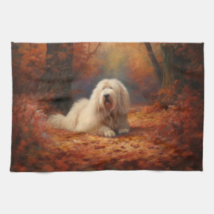 Old English Sheepdog im Herbst Leaves Fall Inspiri Geschirrtuch