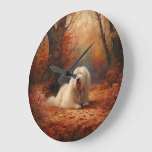 Old English Sheepdog im Herbst Leaves Fall Inspiri Große Wanduhr