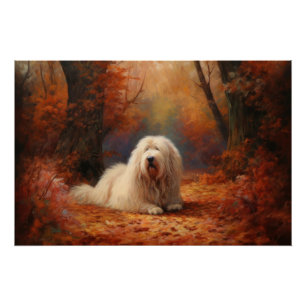 Old English Sheepdog im Herbst Leaves Fall Inspiri Poster