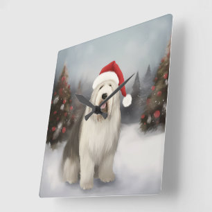 Old English Sheepdog im Schnee Weihnachten Quadratische Wanduhr