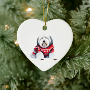 Old English Sheepdog in Christmas Sweater Keramik Ornament