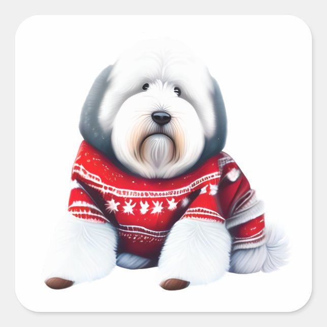 Old English Sheepdog in Christmas Sweater Sticker (Vorderseite)