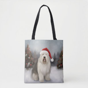 Old English Sheepdog in Snow Christmas
