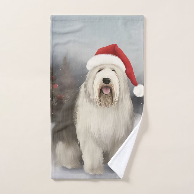 Old English Sheepdog in Snow Christmas Badhandtuch Set (Handtuch)