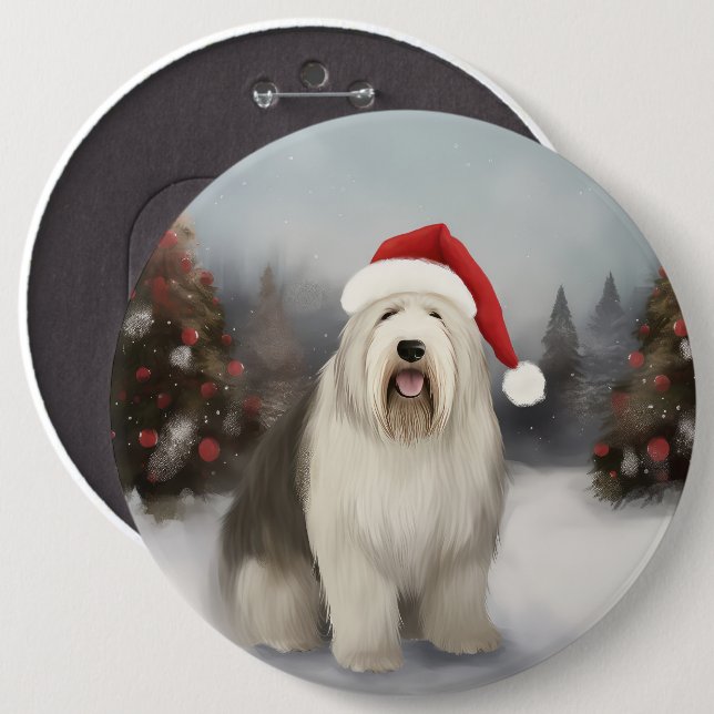 Old English Sheepdog in Snow Christmas Button (Vorne & Hinten)