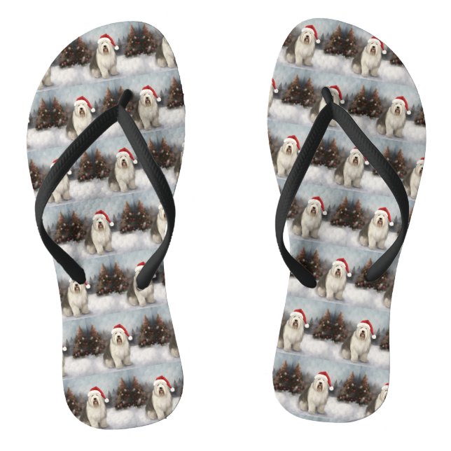 Old English Sheepdog in Snow Christmas Flip Flops (Fußbett)