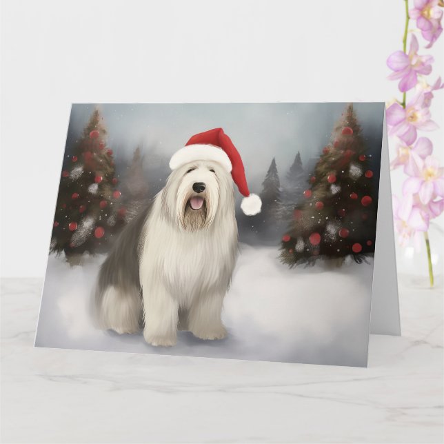Old English Sheepdog in Snow Christmas Karte (Orchidee)