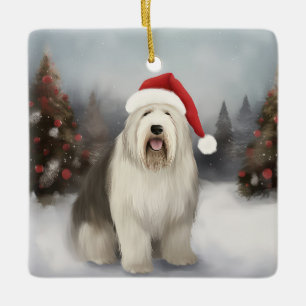 Old English Sheepdog in Snow Christmas Keramikornament