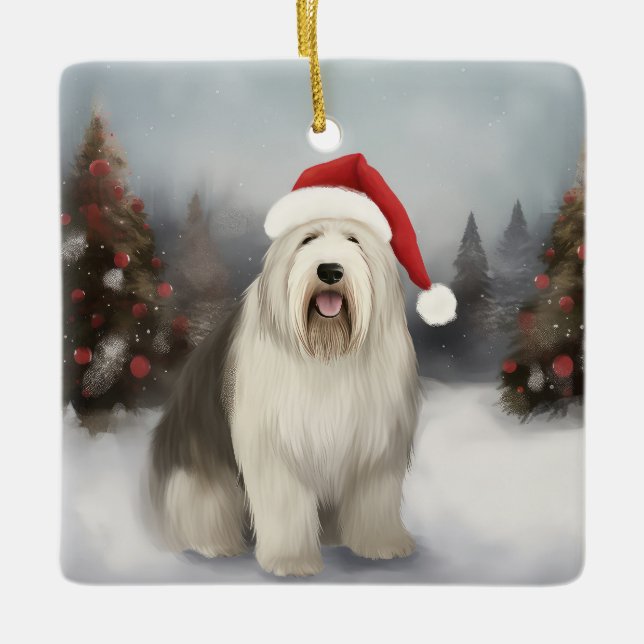 Old English Sheepdog in Snow Christmas Keramikornament (Vorderseite)