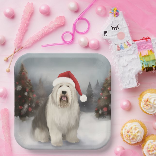 Old English Sheepdog in Snow Christmas Pappteller (Party)