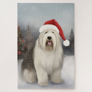 Old English Sheepdog in Snow Christmas Puzzle