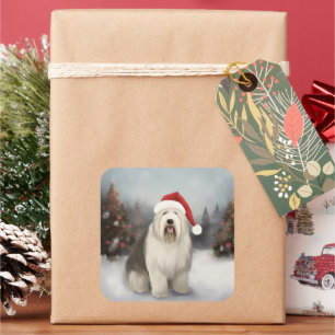 Old English Sheepdog in Snow Christmas Quadratischer Aufkleber