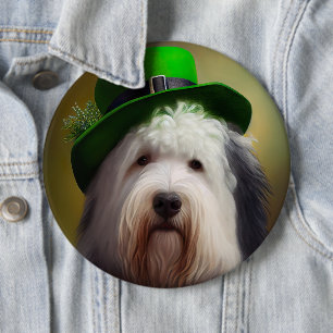 Old English Sheepdog in St. Patrick's Day Dress Button