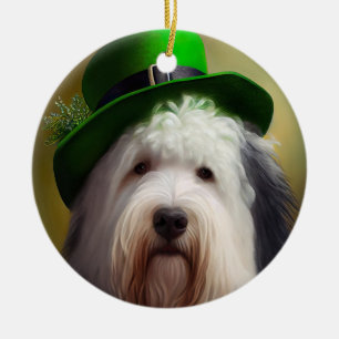 Old English Sheepdog in St. Patrick's Day Dress Keramik Ornament
