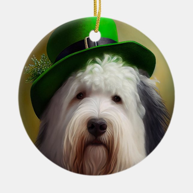 Old English Sheepdog in St. Patrick's Day Dress Keramik Ornament (Vorne)