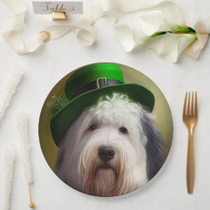 Old English Sheepdog in St. Patrick's Day Dress Pappteller