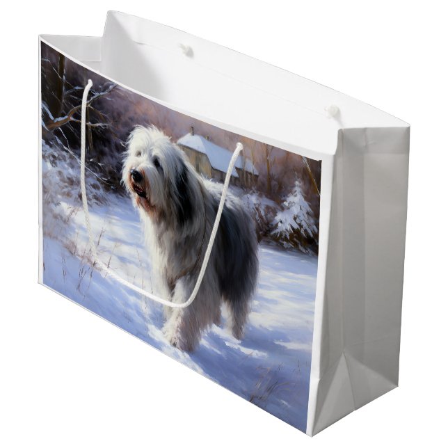 Old English Sheepdog lässt es schlafen Weihnachten Große Geschenktüte (Vorderseite Schrägansicht)