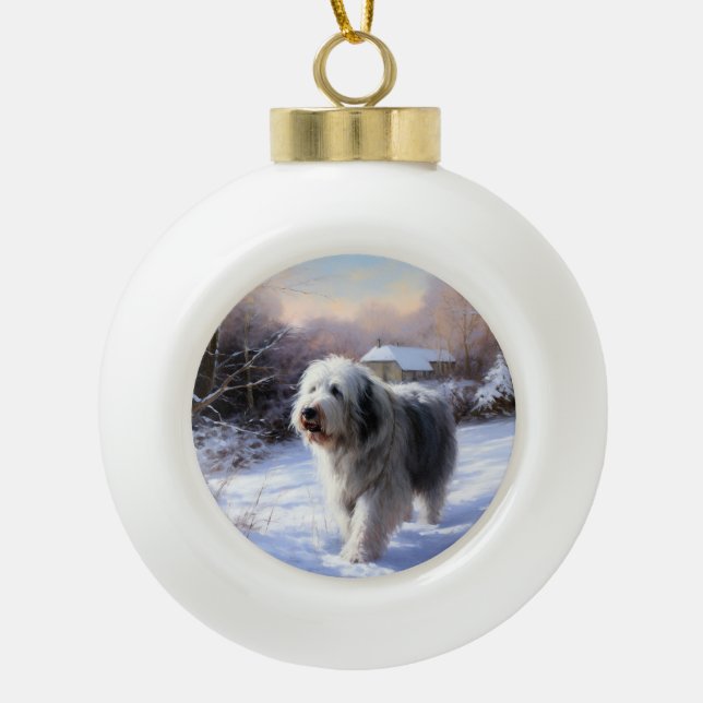 Old English Sheepdog lässt es schlafen Weihnachten Keramik Kugel-Ornament (Vorderseite)