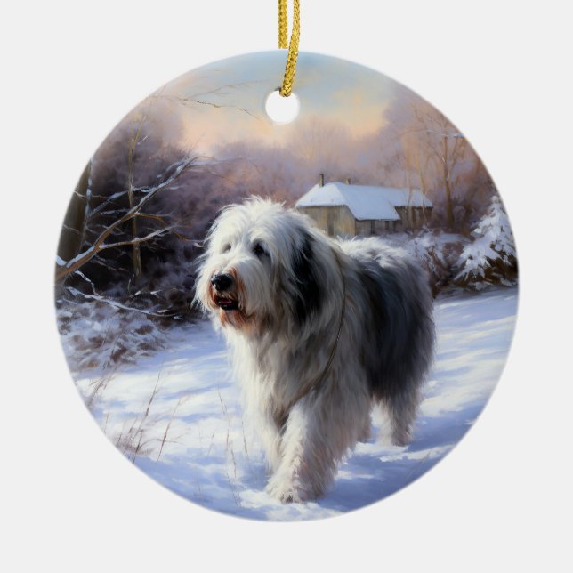 Old English Sheepdog lässt es schlafen Weihnachten Keramik Ornament (Vorne)