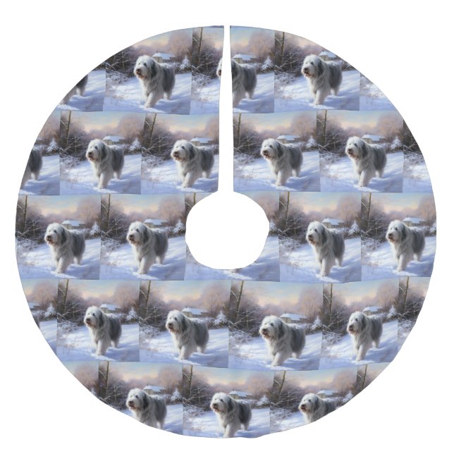 Old English Sheepdog lässt es schlafen Weihnachten Polyester Weihnachtsbaumdecke (Vorderseite)