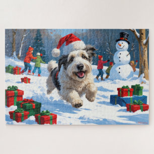Old English Sheepdog läuft im Schnee mit Weihnacht Puzzle