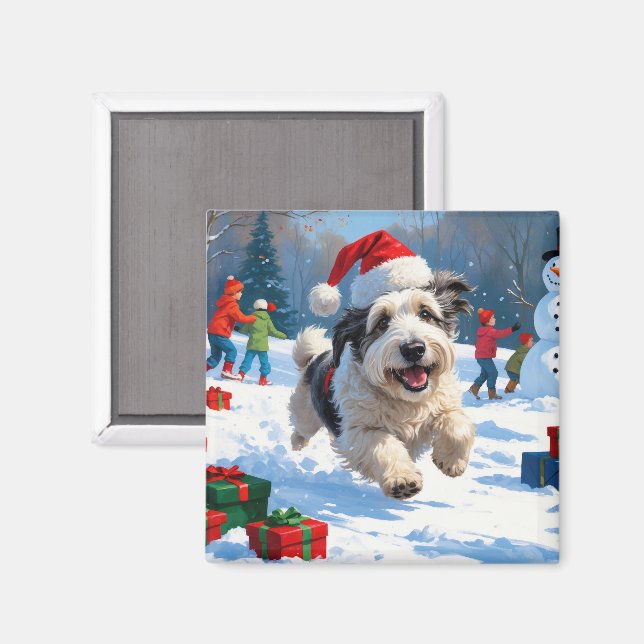 Old English Sheepdog läuft in Snow Weihnachtshut Magnet (Vorderseite/Rückseite)