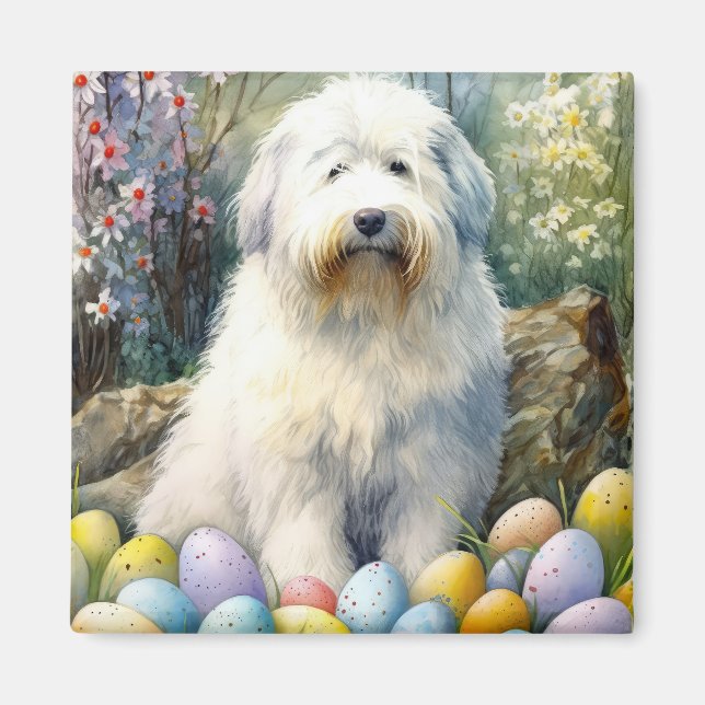 Old English Sheepdog mit Ostereiern Urlaub Magnet (Vorne)