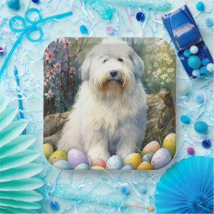 Old English Sheepdog mit Ostereiern Urlaub Pappteller