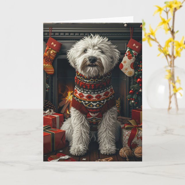 Old English Sheepdog mit Weihnachtsgeschenk Kamin Karte (Gelbe Blume)