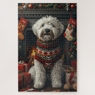 Old English Sheepdog mit Weihnachtsgeschenk Kamin Puzzle