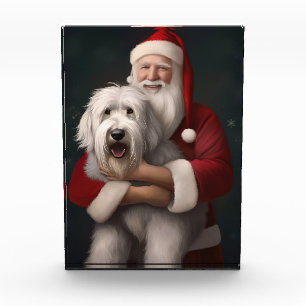 Old English Sheepdog mit Weihnachtsmann feierlich Fotoblock