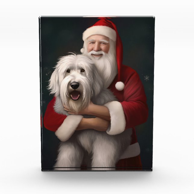 Old English Sheepdog mit Weihnachtsmann feierlich Fotoblock (Vorderseite)