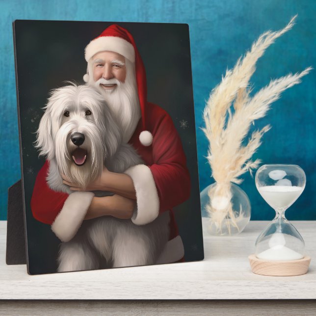 Old English Sheepdog mit Weihnachtsmann feierlich Fotoplatte (Seite)