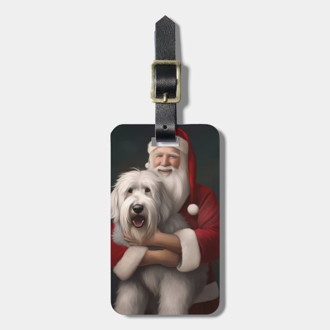 Old English Sheepdog mit Weihnachtsmann feierlich Gepäckanhänger (Vorderseite vertikal)