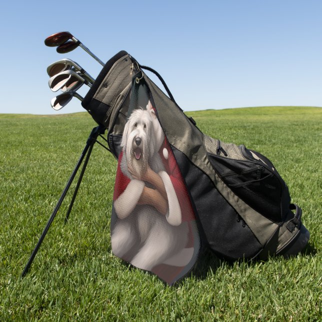 Old English Sheepdog mit Weihnachtsmann feierlich Golfhandtuch (Gras)