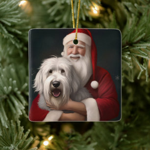 Old English Sheepdog mit Weihnachtsmann feierlich Keramikornament