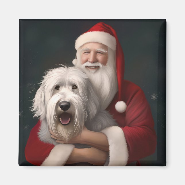 Old English Sheepdog mit Weihnachtsmann feierlich Magnet (Vorne)