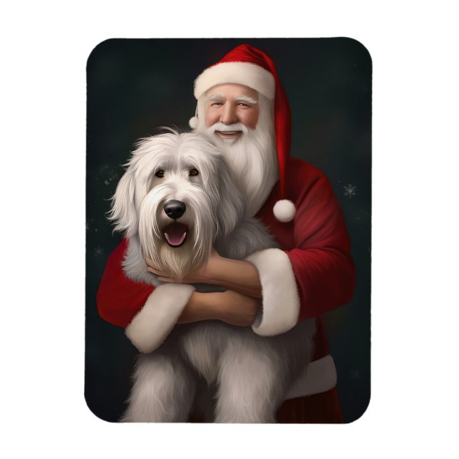 Old English Sheepdog mit Weihnachtsmann feierlich Magnet (Vertikal)