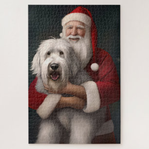 Old English Sheepdog mit Weihnachtsmann feierlich Puzzle