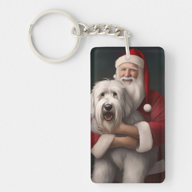 Old English Sheepdog mit Weihnachtsmann feierlich Schlüsselanhänger (Vorderseite)