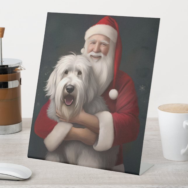 Old English Sheepdog mit Weihnachtsmann feierlich Sockelschild (In Situ)