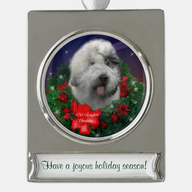 Old English Sheepdog Personalisiert Weihnachten Banner-Ornament Silber (Vorderseite)